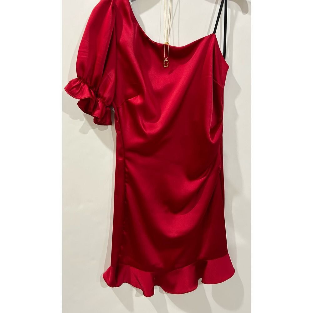 B. Darlin Red Satin one shoulder short puff sleeve rouged dress Szs 0, 3, 5, 9